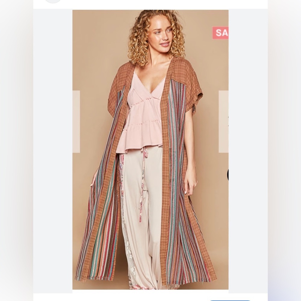 Pol brown Striped Multicolor Long Kimono